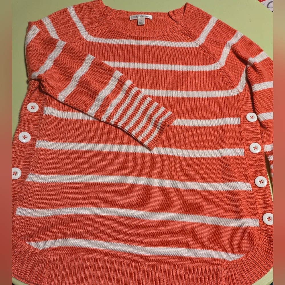 John Paul Richard Woman's Large Coral And White Striped Sweater